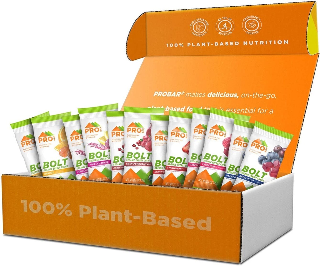PROBAR - BOLT Organic Energy Chews, Variety Pack, Strawberry, Berry Blast, Orange, Raspberry, Pink Lemonade, Cranberry Pomegranate - Gluten-Free, USDA Certified Organic (12 Count) - Flavors May Vary