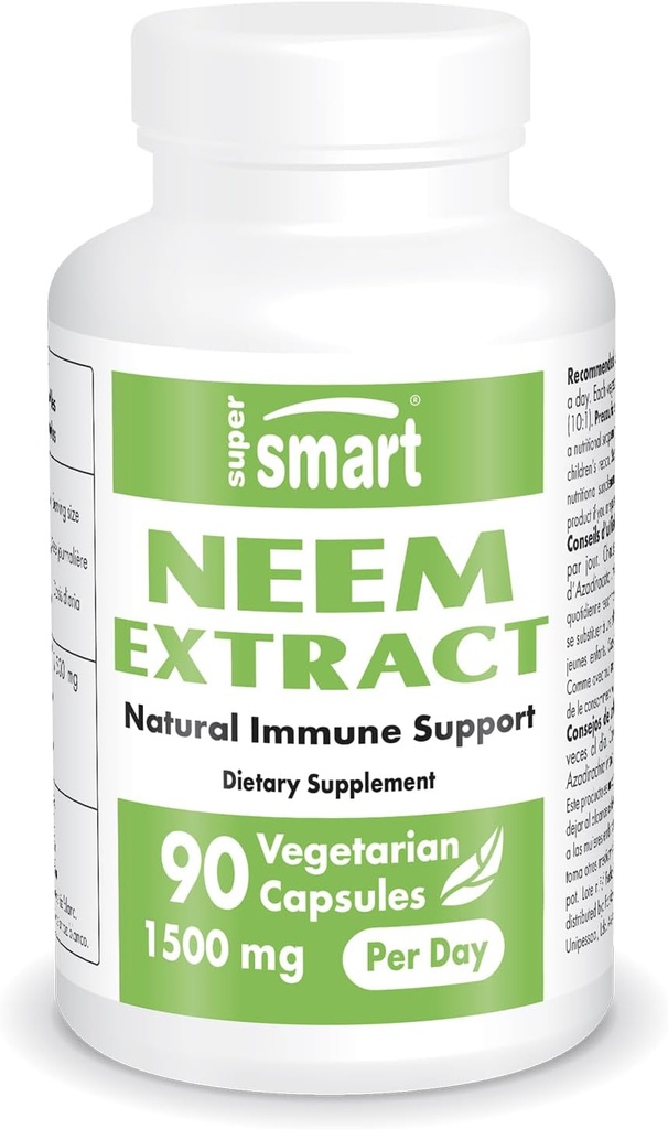 Supersmart - Neem Extract 1500mg por día - Azadirachta Indica Leaf Oil Extract - Neem Supplement ← No Gluten Libre - 90 cápsulas vegetarianas