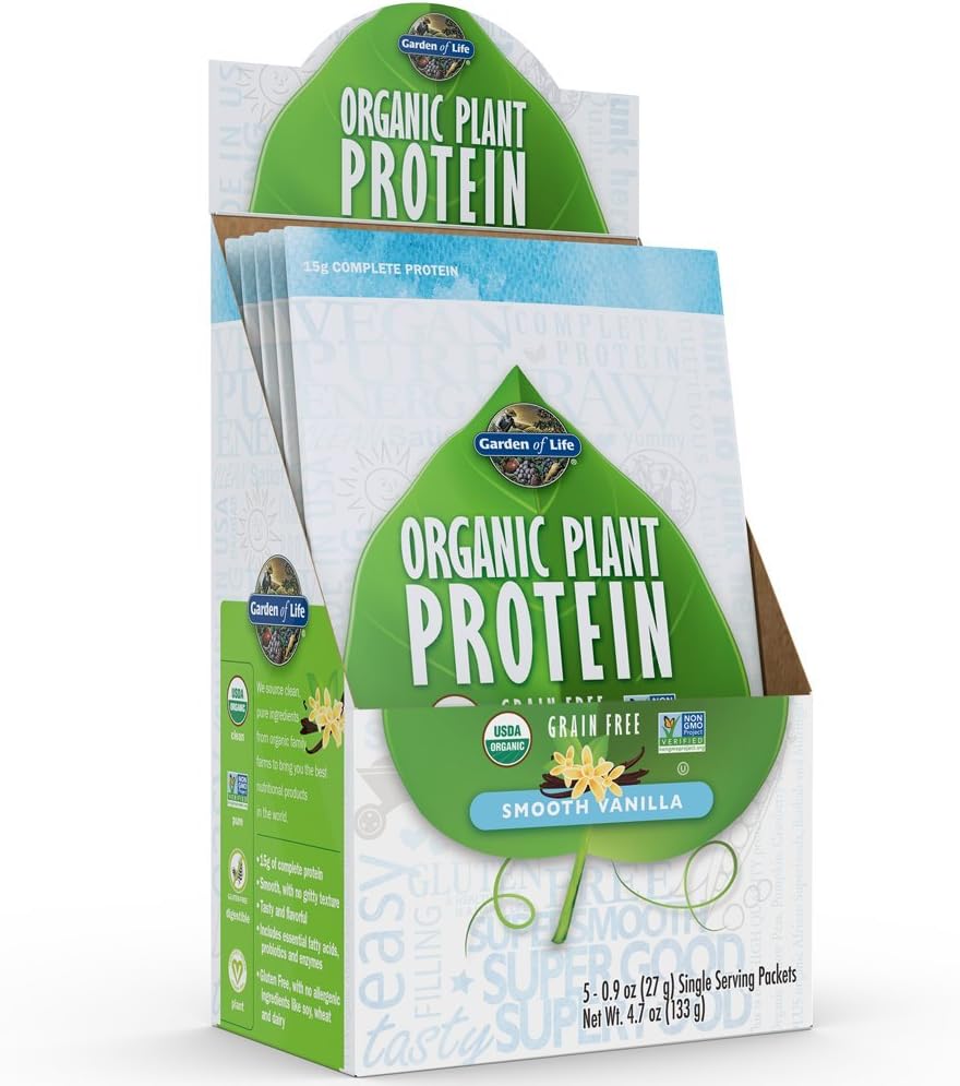 Jardín de la vida Planta orgánica Proteína de vainilla de vapor - Packets de servicio único (5-Pack) - Vegan, Grain Gratis &amp; Gluten Proteína basada en plantas libres Agitar con 1B Probióticos de CFU &amp; Enzymes, 15g Protein