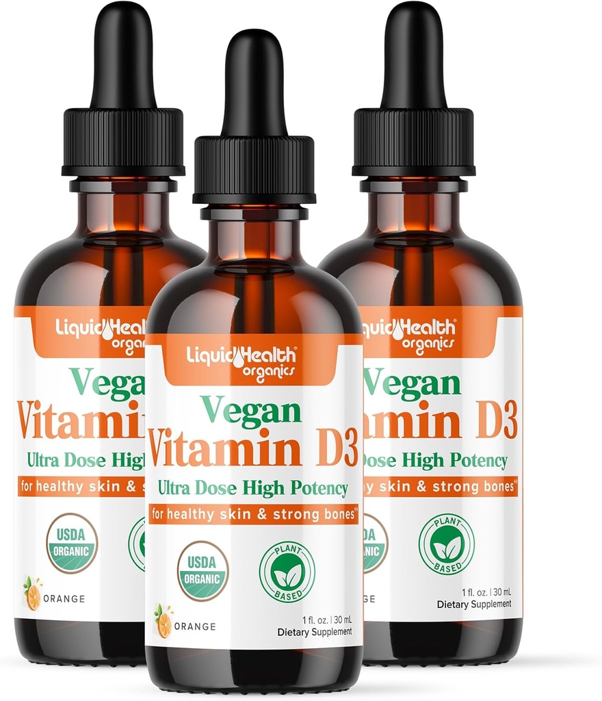 LIQUIDHEALTH Vitamina D3 4000 UI, USDA Organic Vitamin D Liquid Drops for Adults &amp; Kids, Vegan Vitamin D for Immune System Support, Bone Health, Mood Support, Healthy Skin - Made in USA (3 Pack)