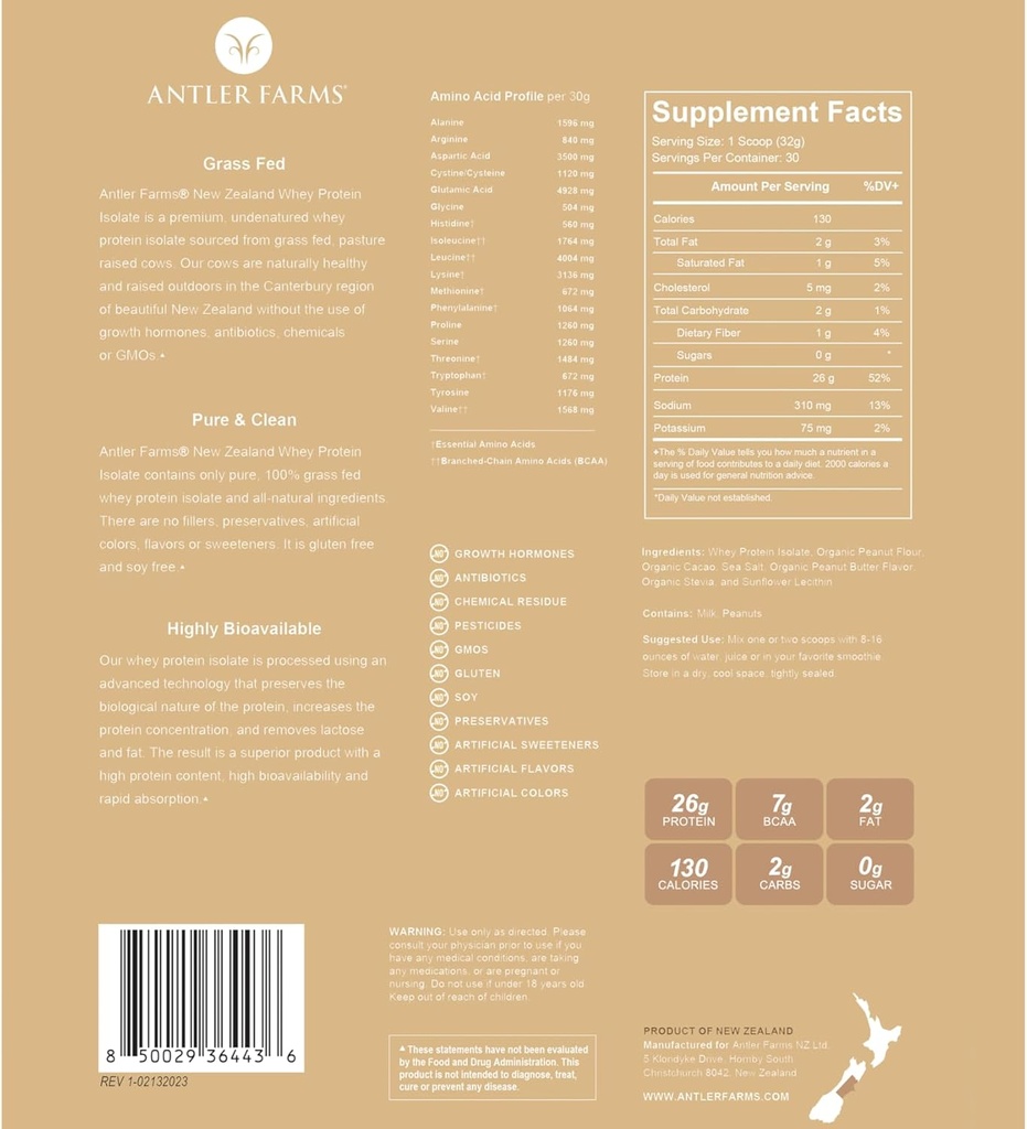 Antler Farms - 100% Grass Fed New Zealand Whey Protein Isolate, Peanut Butter Chocolate Flavor, 2 libras - Puro y Limpio, 7 ingredientes, frío procesado