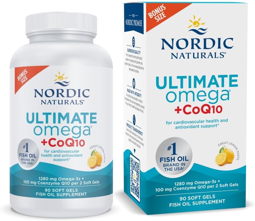 Nordic Naturals Ultimate Omega + CoQ10, Lemon - 90 Soft Gels - 1280 mg Omega-3 + 100 mg CoQ10 - Heart Health, Cellular Energy, Antioxidant Support - Non-GMO - 45 Servimientos