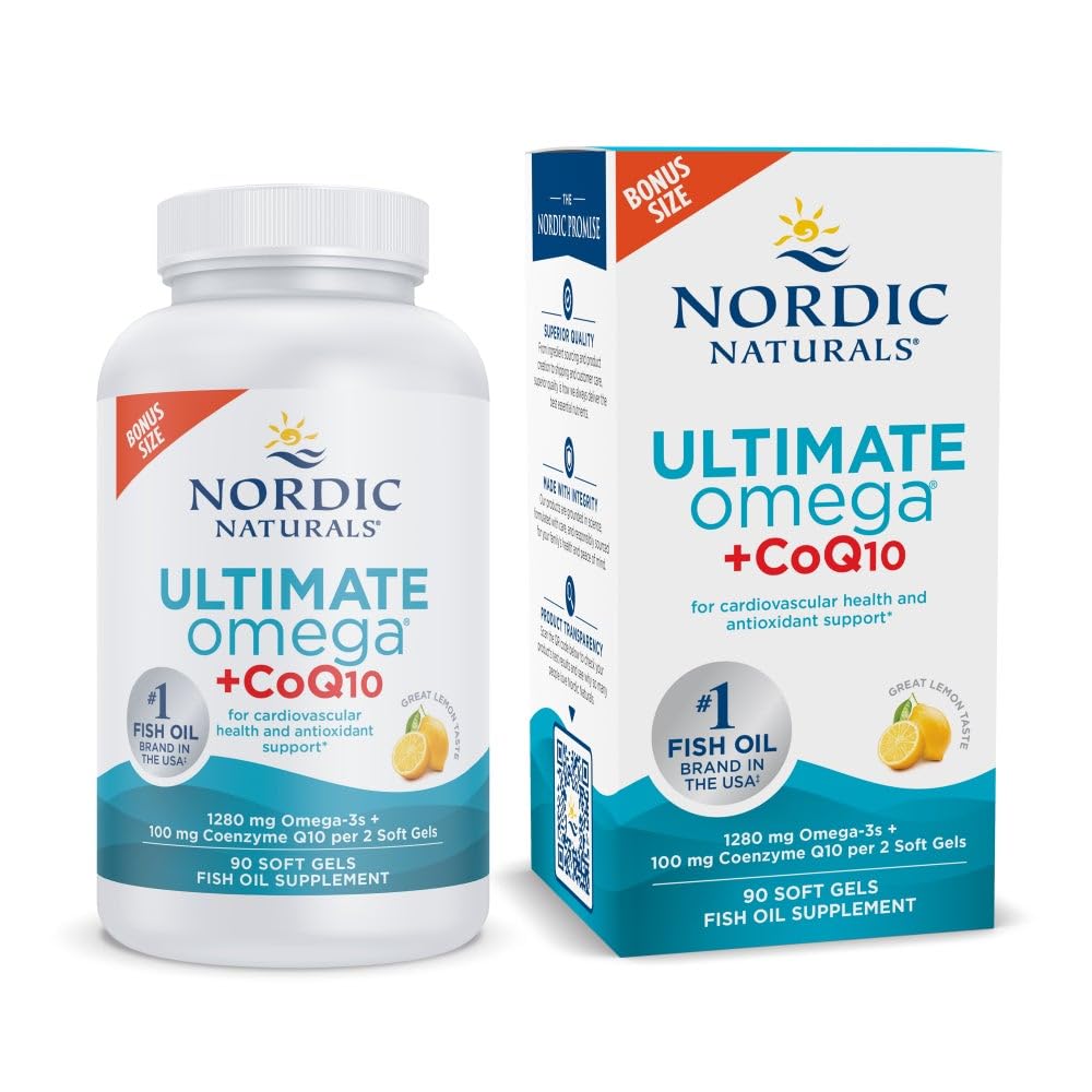 Nordic Naturals Ultimate Omega + CoQ10, Lemon - 90 Soft Gels - 1280 mg Omega-3 + 100 mg CoQ10 - Heart Health, Cellular Energy, Antioxidant Support - Non-GMO - 45 Servimientos