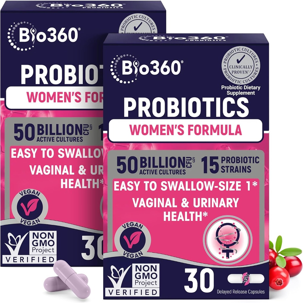 Bio360 Probiotics for Women Vaginigal Health - Supports pH Balance, Vaginal, Urinary, " Digestive Health - 50 Billion CFU " 15 Unique Strains for Healthy Vaginal Odor " Vaginal Flora - Shelf Stable