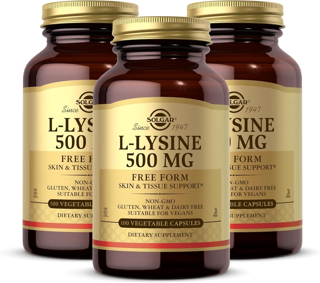Solgar L-Lysine 500 mg - 100 cápsulas vegetales, Pack of 3 - Skin & Tissue Support - Non-GMO, Vegan, Kosher, Gluten Free - 300 Total Servings