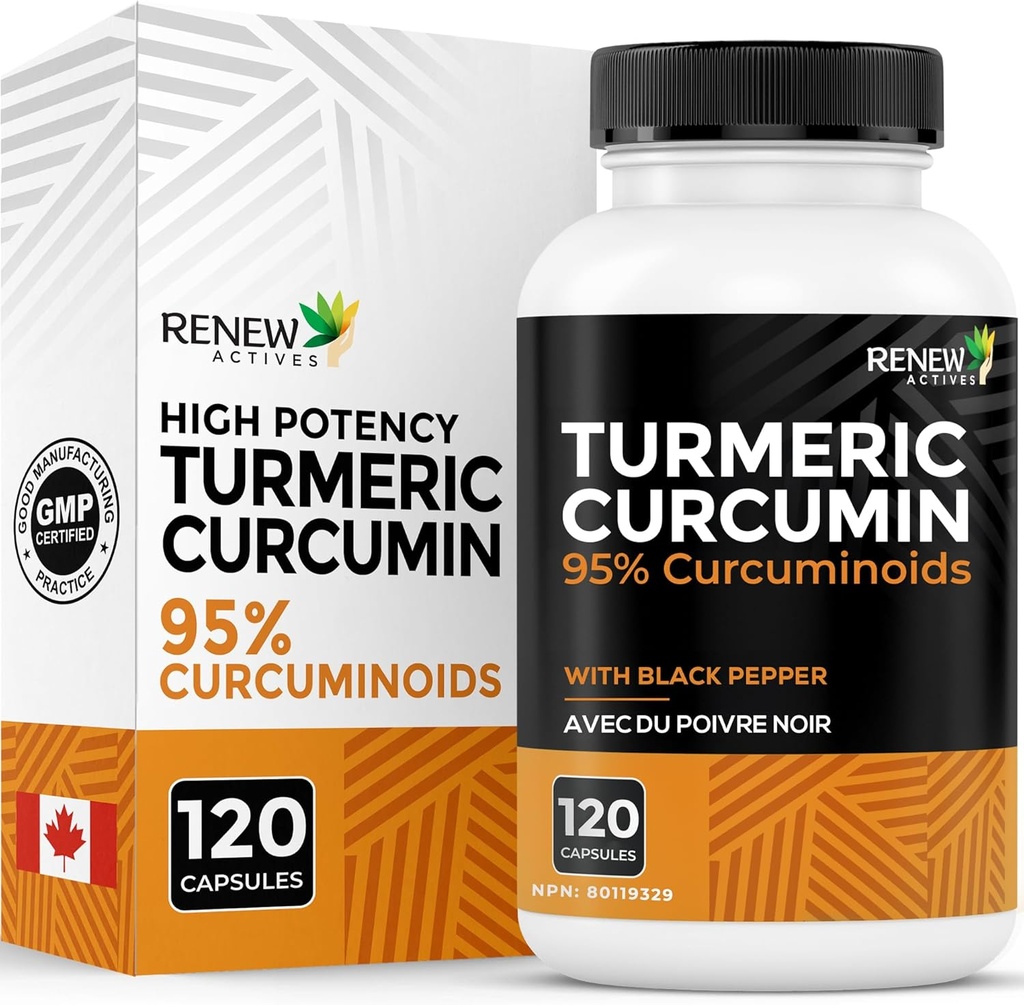 Renew Actives Turmeric Curcumin with Black Pepper – 600MG Turmeric Root, 100MG Curcuminoids por 2 cápsulas – Apoya Digestión, Salud del hígado, Alivio Conjunto y Movilidad – Hecho en Canadá – 120 cápsulas