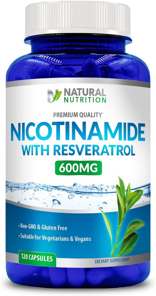 Genérico de vitamina natural Nicotinamida con Resveratrol 600mg (Vitamin B-3) 120 cápsulas vegetales Gluten Gratis