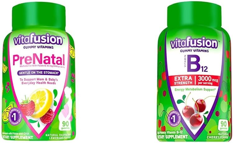 Vitafusion PreNatal Gummy Vitaminas, Raspberry Lemonade Flavored, Pregnancy Vitamins for Women &amp; Extra Strength Vitamina B12 Gummy Vitaminas for Energy Metabolism Support