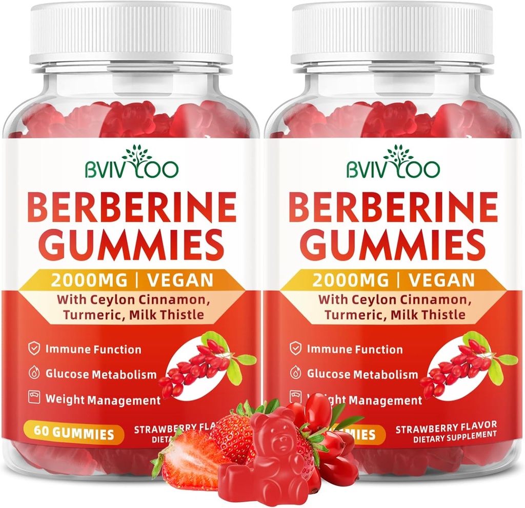 2 Packs Berberine Gummies,Sugar Free 2000mg High Potency Berberine HCI Supplement, Plus Ceylon Cinnamon, Milk Thistle for Women &amp; Men, Immune System & Metabolism Support - 120 Gummies