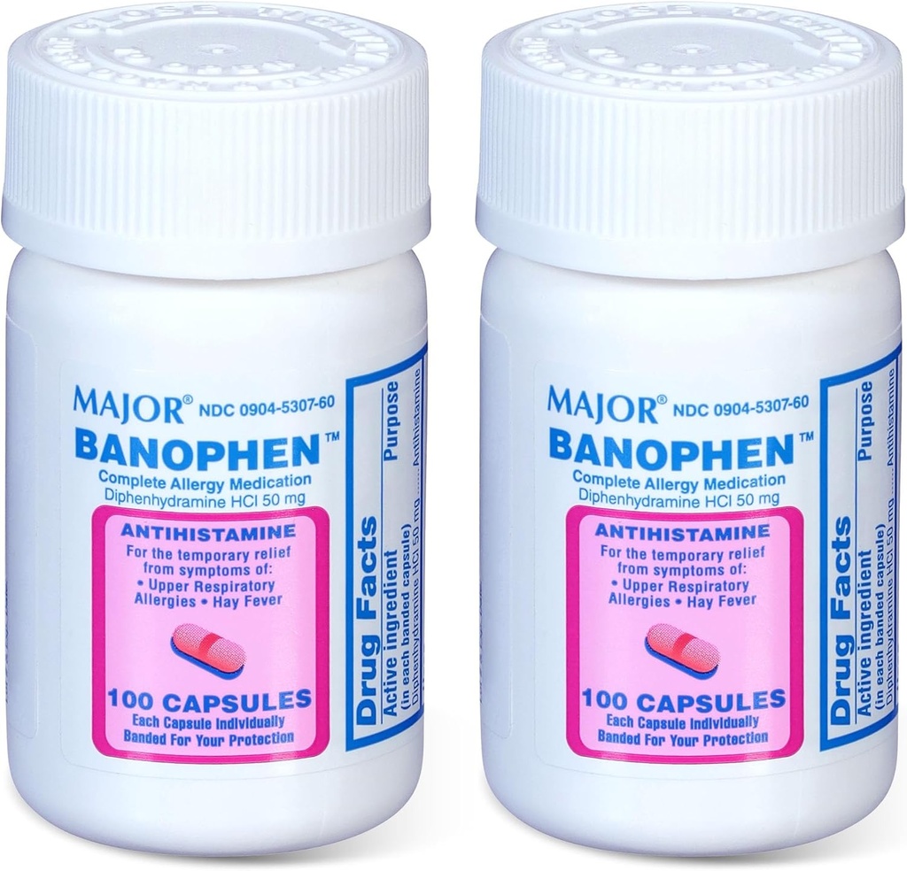 MAJOR Banohpen - Medicación de alergia completa - Diphenhydramine HCI 50 mg - Antihistamina - 100 cápsulas (2 Pack)