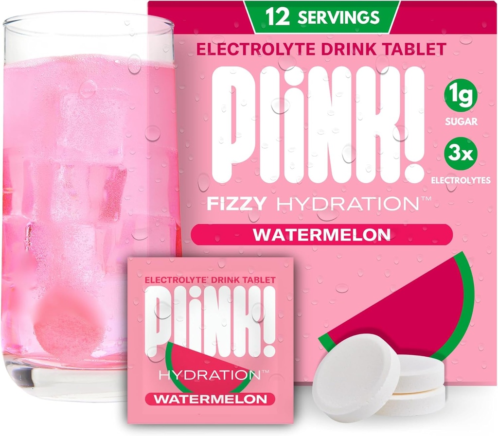¡Plink! Tablas de electrolitos de fizzy para adultos y niños – sandía, 12ct – Hidratación diaria con electrolitos – Bajo azúcar, Vegan, Keto Friendly, Non-GMO