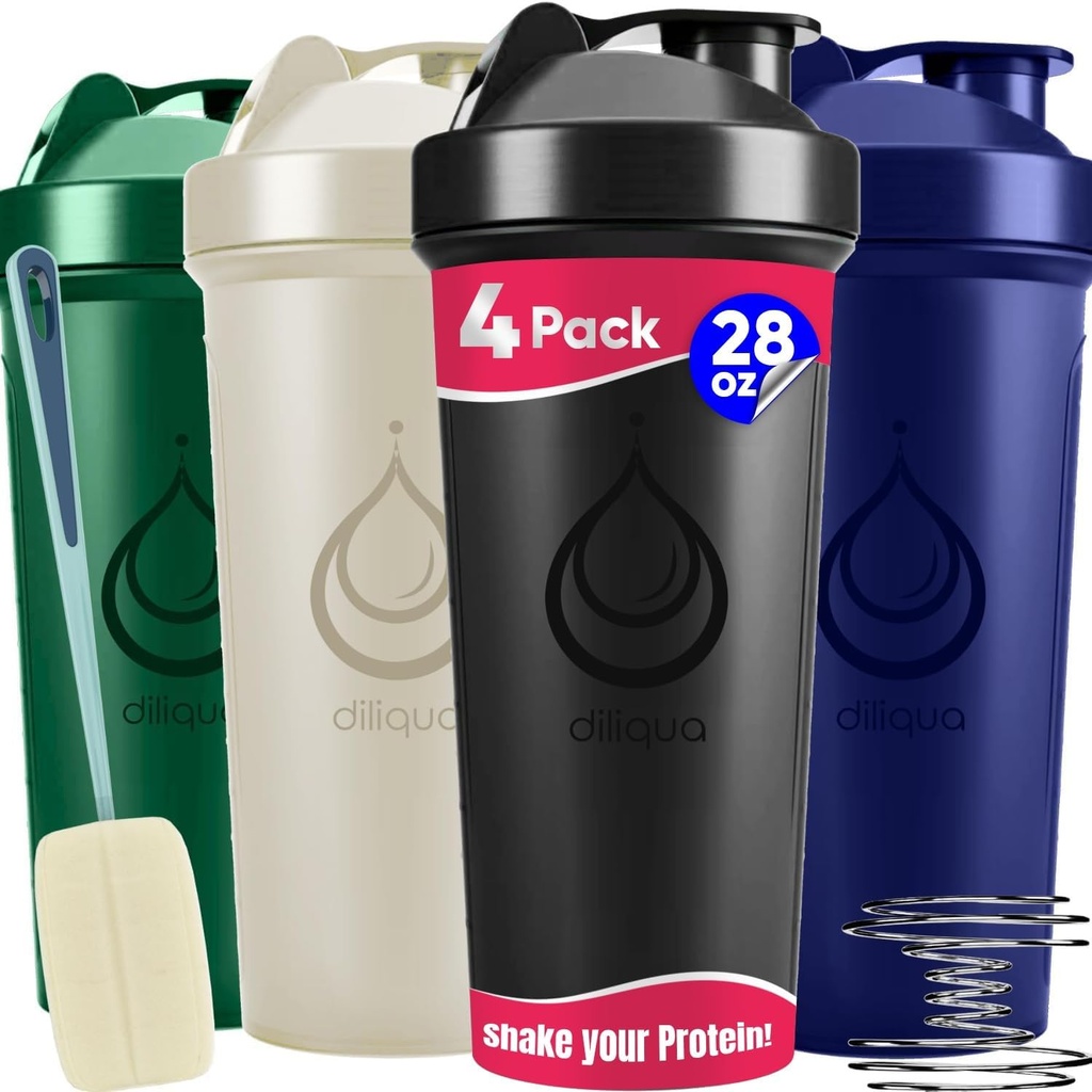 4 PACK, 28 oz Shaker Botellas con potentes batidos de alambre para mezclas de proteína  Leakproof Blender Shaker Bottle Pack con limpieza esponja ← BPA-Free &amp; Dishwasher Safe ← Botella de batidor Protein