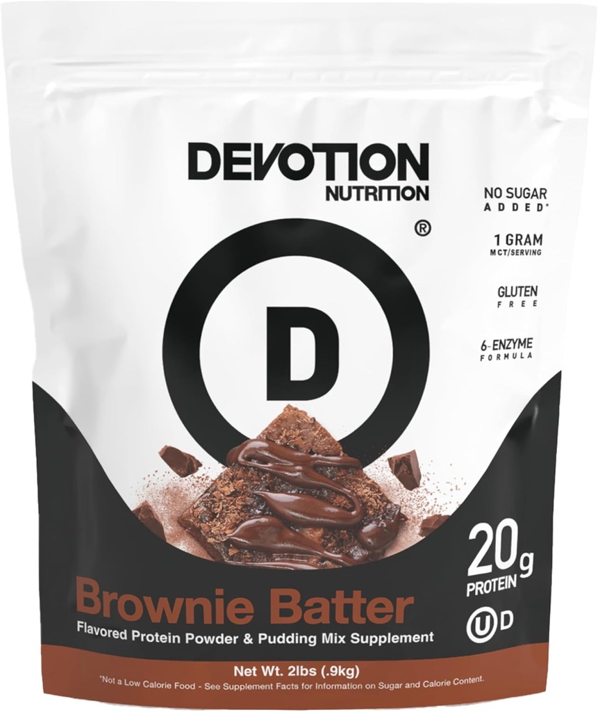 Devotion Nutrition Protein Powder Brownie Batter – 20g Whey Isolate & Casein Protein Blend – No Añadido Sugar, Low Carb, Gluten-Free, Keto-Friendly, 1g MCT, Kosher – 2lb Pouch