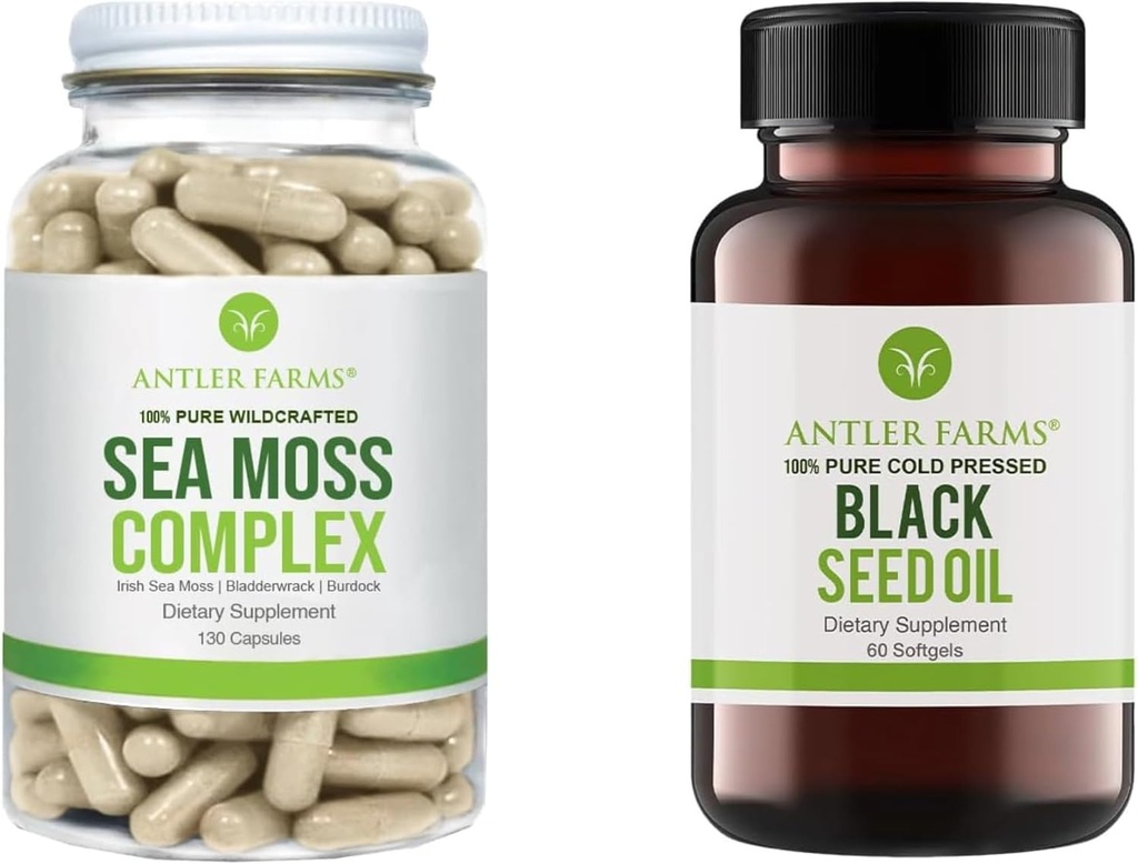 Antler Farms – Complejo de Moss Mar Puro &amp; Black Seed Oil Bundle, Wildcrafted Irish Sea Moss " Turkish Black Cumin Nigella Sativa Seed Oil