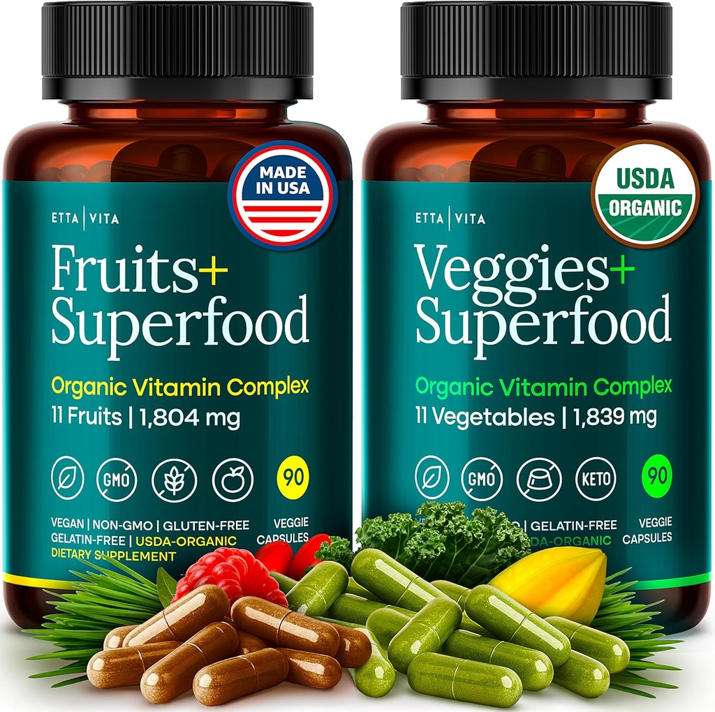 Suplemento de frutas y verduras 100% orgánicos (USDA Organic - Made in USA) 180 Potent Fruits and Vegetable Capsules for Energy Boost & Daily Fruit and Vegetable Vitamins - Vegan, Non-GMO, Gluten-Free