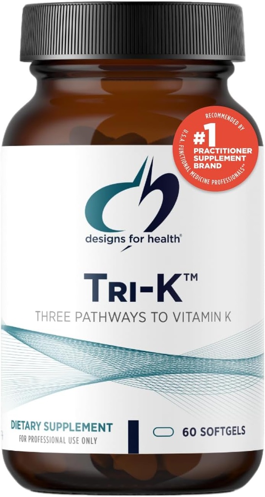Diseños para la salud TRI-K - Tres formas de vitamina K + GG, Suplemento de alta potencia - 2000mcg Vitamina K1, 500mcg K2 MK-4 - No GMO + Gluten Gratis (60 Softgels)