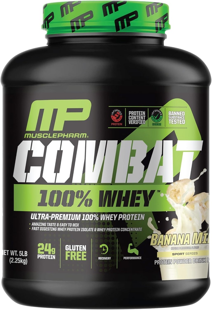 MusclePharm Combat 100% Whey Protein Powder, Banana Milk Flavor, Fast Recovery &amp; Muscle Gain with Whey Protein Isolate, High Protein Powder for Women &amp; Men, Gluten Free, 5 lb, 70 Servings