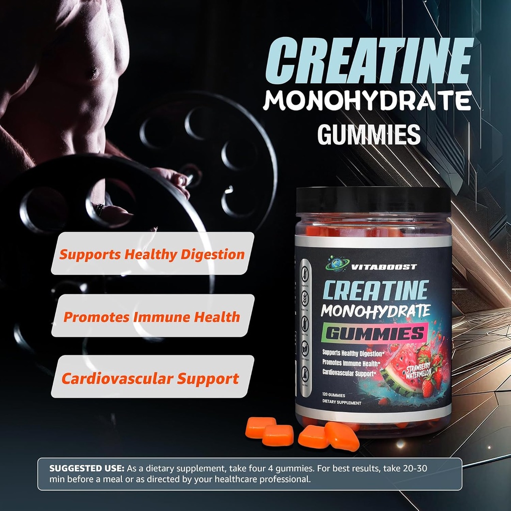 Creatine Gummies 5g- Natural Creatine Monohydrate para Hombres " Mujeres- Delicious Strawberry Watermelon Flavor- Boost Strength, Energy &amp; Muscle Growth- Vegan Pre Workout Gummies- Made in USA