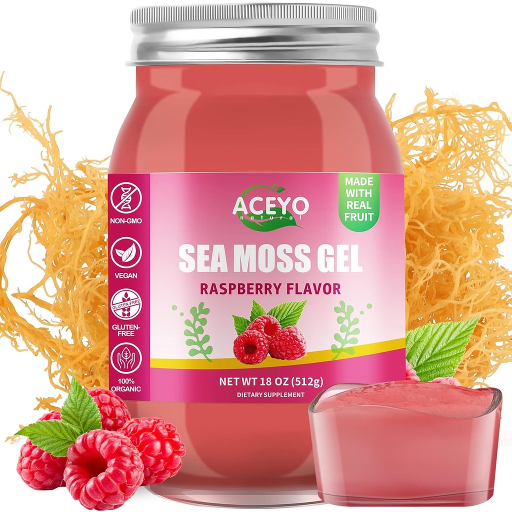 ACEYO (18 OZ) Irish Sea Moss Gel Organic Raw Vegan Raspberry Flavor 102 Vitaminas y Minerales Wild Harvested Non-GMO Immune Defense Booster Thyroid Digestive Support