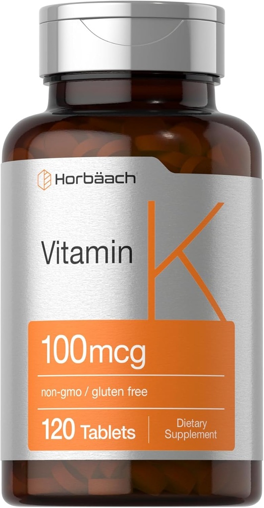 Horbäach Vitamina K Suplemento Silencio 100mcg Silencio 120 Tablets Silencio Vegetarian, Non-GMO &amp; Gluten Suplemento gratuito