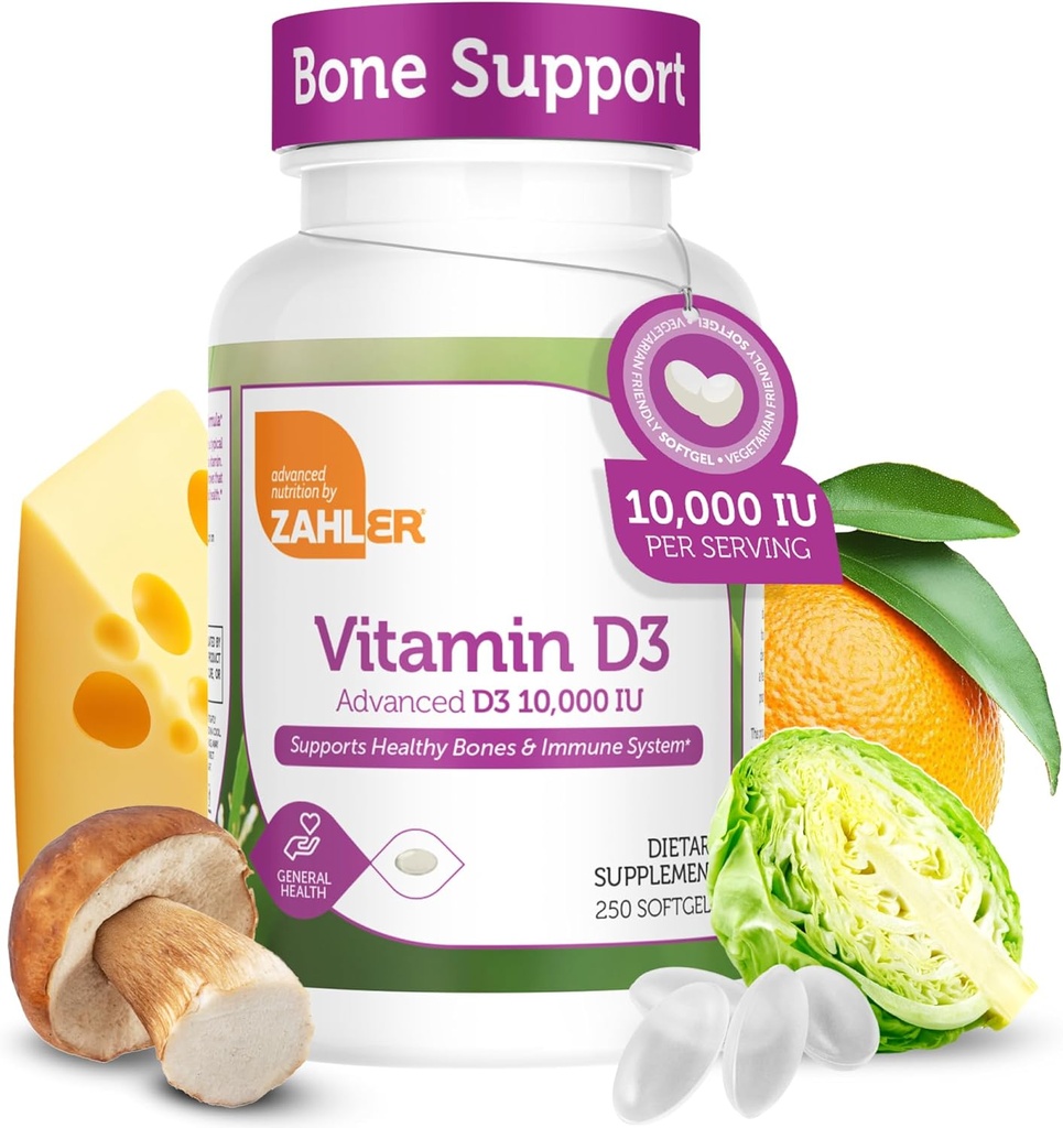 Zahler - Advanced Vitamin D3 10,000 IU Softgels (250 Count) Kosher Vegetarian Friendly Vitamin D for Immune Support, Bone, Teeth & Muscle Health - Easy Swallow VIT D 3