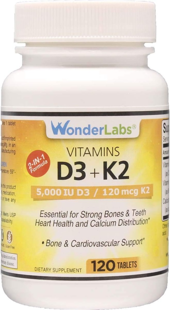 Wonder Laboratories Vitamin D 5,000 IU, Vitamin D3 + K2 Support a Healthy Immune System, Essential for Strong Bones, Heart Health, and Calcium Distribution, 120 Tablets