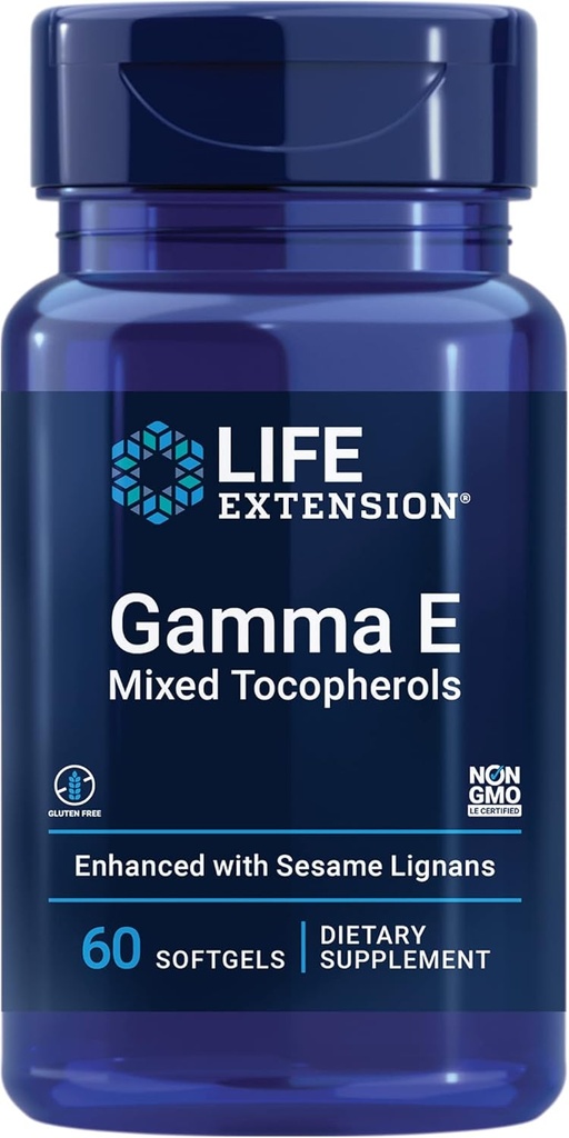 Extensión de vida Gamma E Tocopherols mixed, envejecimiento saludable, suplemento de vitamina E, mejorado con lignanos sésamo, libre de gluten, no GMO, 60 softgels