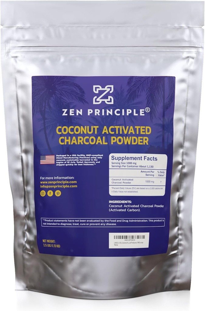 Principio Zen Polvo de carbón activado. Whitens Teeth, Rejuvenece la piel y el cabello, soporta una mejor digestión. Productores de producción, 2.5 lb