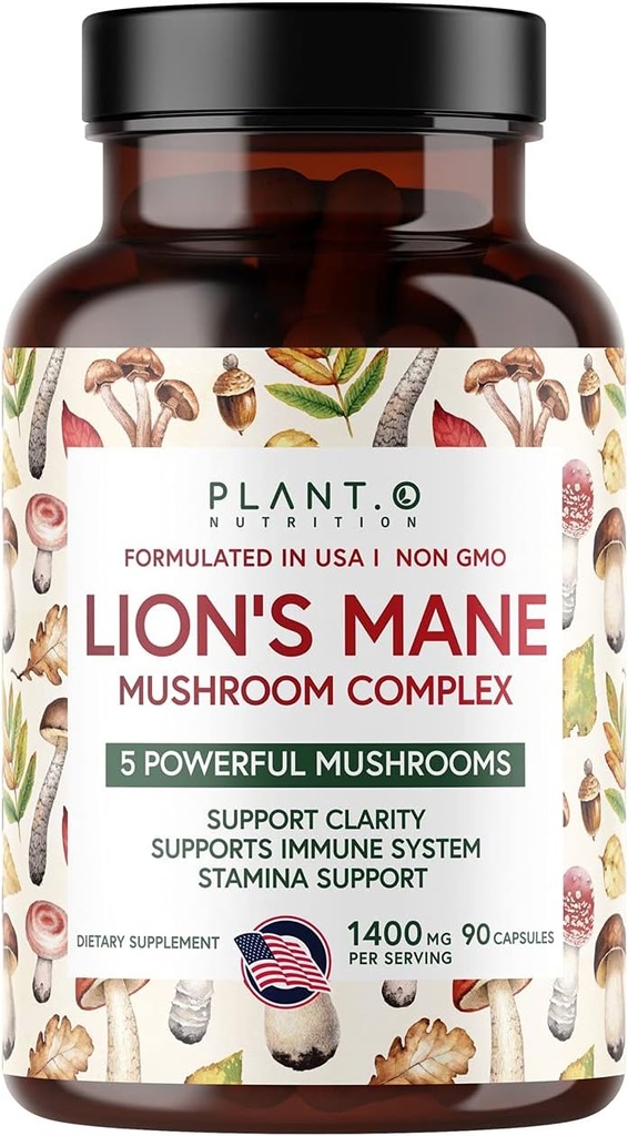 Planta.O Suplemento Mane de León Premium, Todo Nootropics Natural Suplemento Cerebro, 5 Complejo de Mushroom – Mane, Reishi, Chaga, Maitake, Shiitake para la inmunidad, Focus, Mood & Memory Boost, 90 Caps
