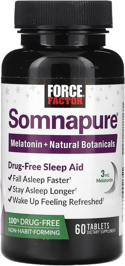 Factor de fuerza Somnapure Ayuda para el sueño libre de drogas para adultos para la insomnio ocasional con melatonina &amp; valeriana, píldoras para dormir sin hambre, más rápido de otoño, despertar refrescado, 60 tabletas