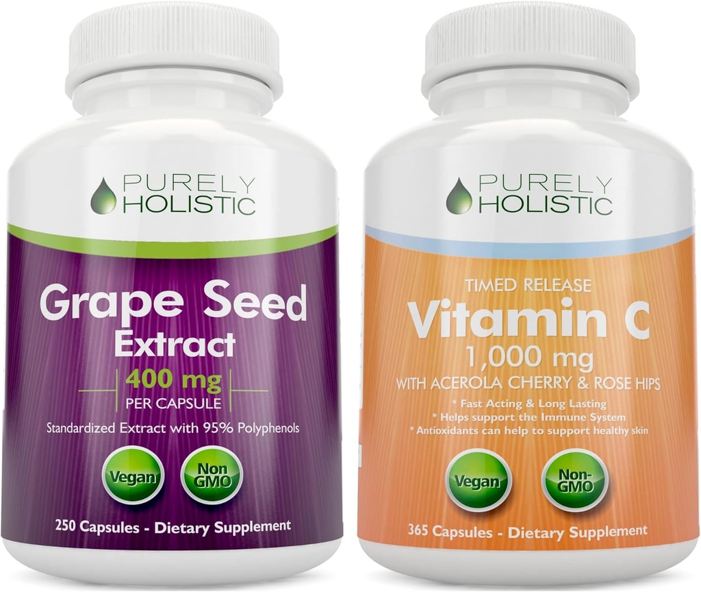 Puramente Holistic Grape Seed Extracto 400mg + Vitamina C 1000mg Time Release Bundle - 615 cápsulas Vegan - Hecho en EE.UU.