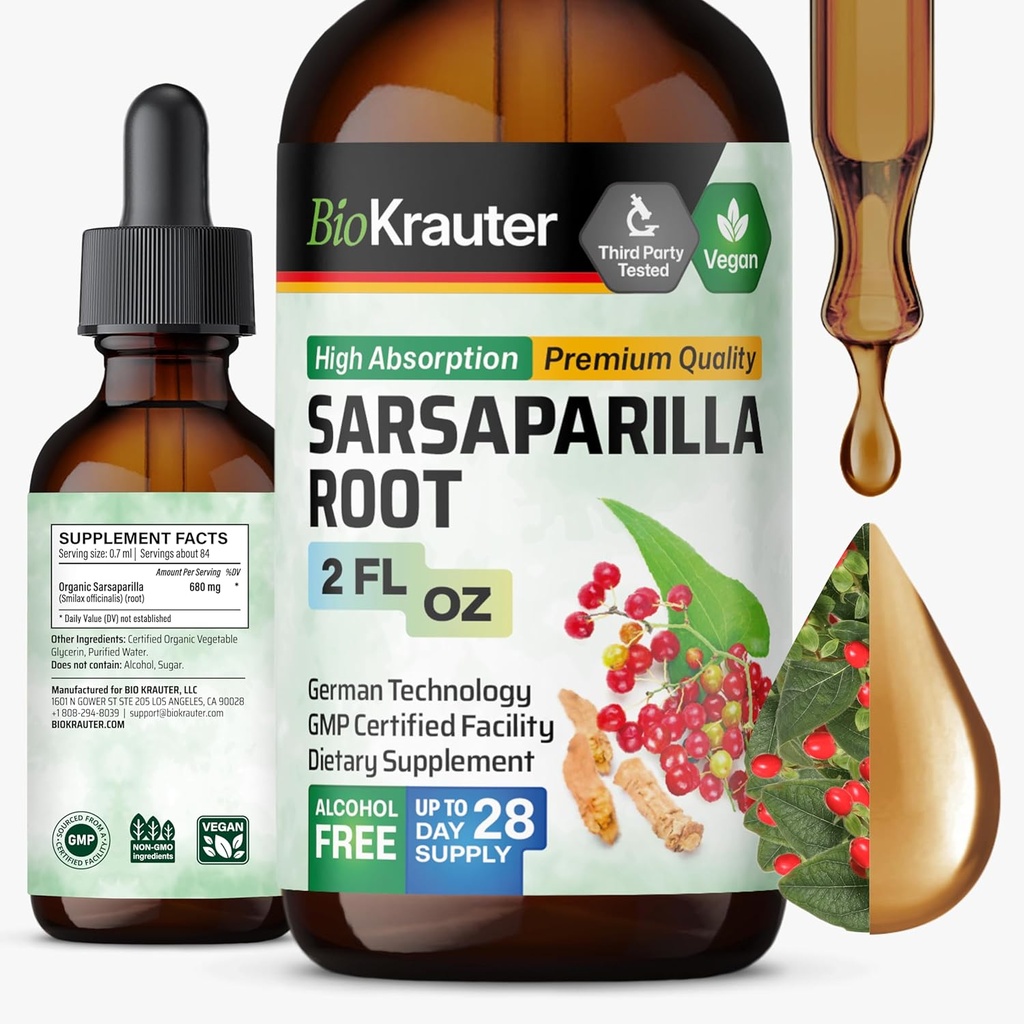 BIO KRAUTER Sarsaparilla Root Tintura - Herbal Liquid Extract Supplement for Liver Support - Alcohol &amp; Sugar Free Vegan Drops 2 Fl.Oz.