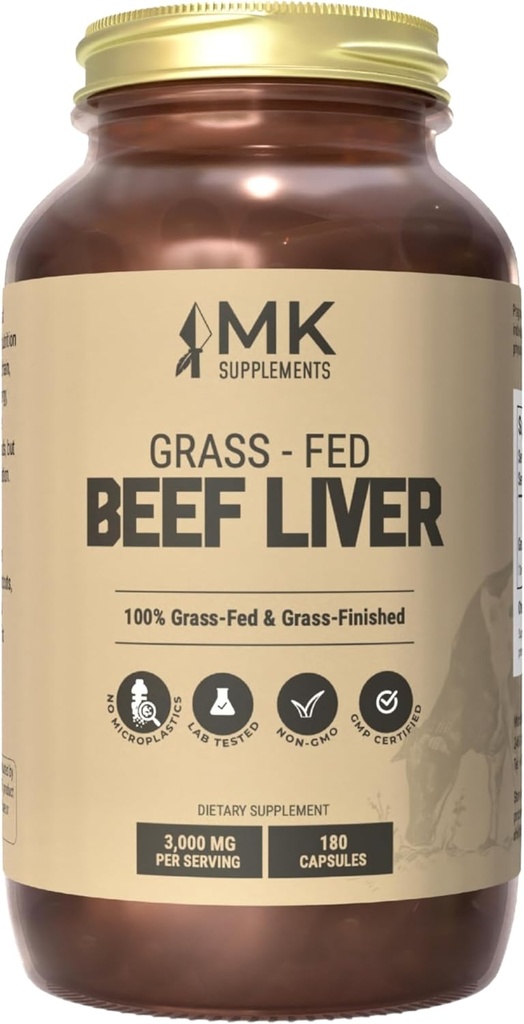 MK Supplements Grass Fed Beef Liver Supplement, Supports Energy Production, Detoxification, Digestion, Immunity and Full Body Wellness, Non-GMO, Freeze Dried, 45 Servings (3,000 mg Cada)