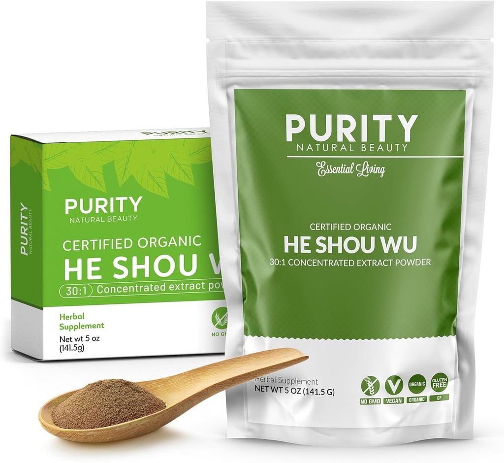 Certified Organic He Shou Wu - Grande 5oz Bolsa de 30:1 Concentrado-Fo-ti - Orgánica Foti Extract- Fo ti He Shou Wu Orgánica-Plus Free Bamboo Spoon
