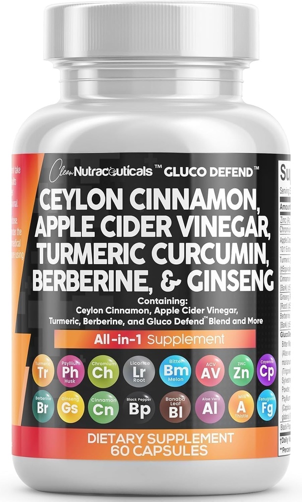 Nutracéuticos limpios Ceylon Cinnamon Capsules + Berberine Turmeric Apple Sider Vinegar Ginseng Bitter Melon Gymnema Milk Thistle Fenugreek Suplemento Pills Polvo para Hombres &amp; Mujeres