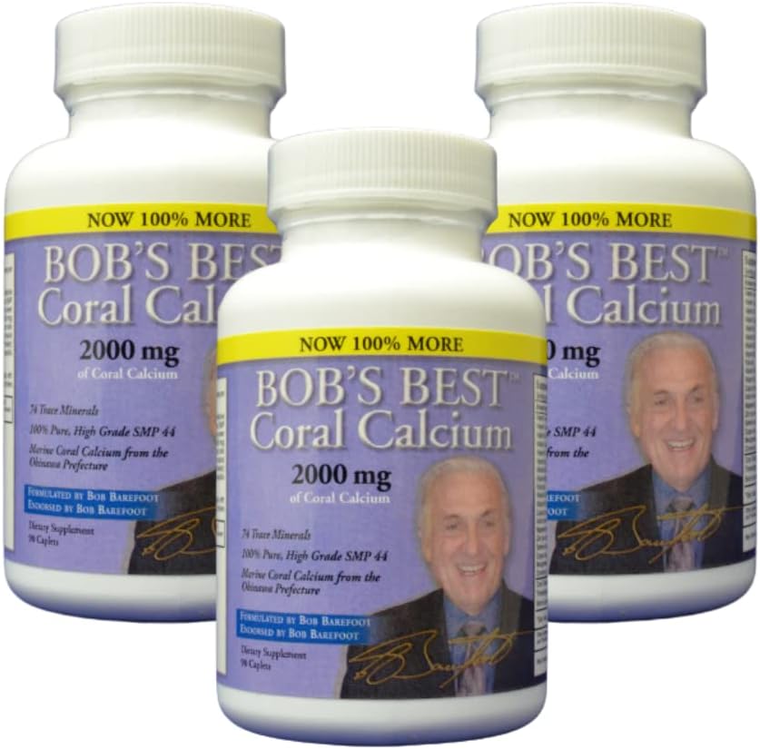 El mejor Calcio de Coral de Bob 2000mg, 3 PACK de 90 Caplets ¡Nuevo FORMAMENTO MEJORADO! por Bob's Best