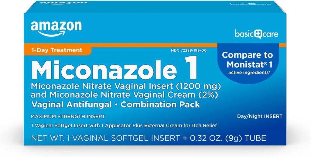 Cuidado básico Miconazol Nitrato Vaginal Insertar 1200 mg y Miconazol Nitrato Crema 2 Combinación Infección vaginal de levadura, Blanco, 0.32 onza (Pack of ), 1 Conde