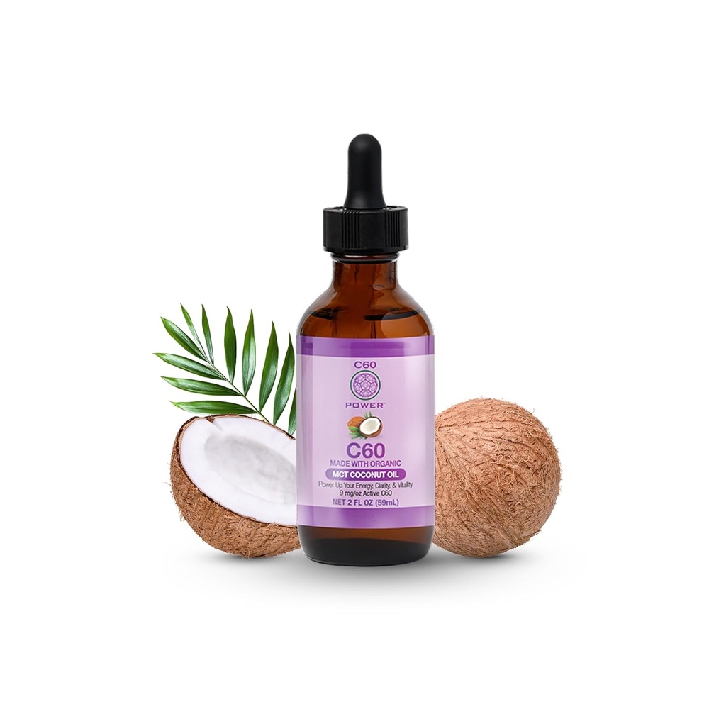 C60 Power - MCT 2-oz.- Aceite de coco de MCT orgánico, 2 Fl Oz, 99.99% Fullerenes de carbono puro, elevación de carga oxidativa, optimización de la función mitocondrial