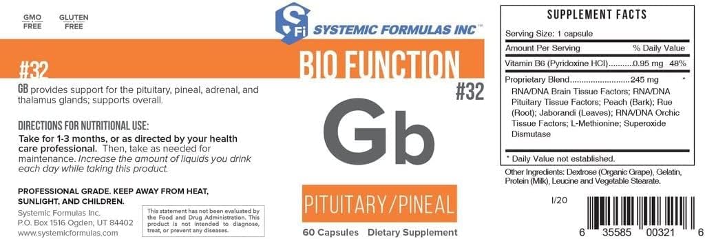 Fórmulas sistémicas #32 Función Bio Gb Pituitary/Pineal 60 Capsules. Soporta la claridad mental y el foco y los Rhythms circadianos normales.