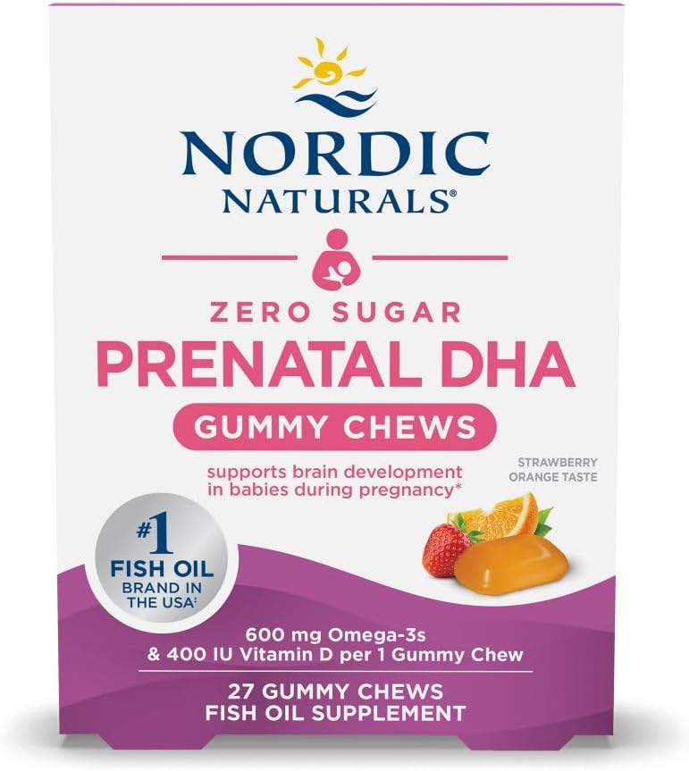 Nórdicos Naturales Cero Azúcar DHA Vitamina Prenatal Gummies, Fresa Orange Flavor - 27 Gummies - Suplementos para el Embarazo - 600 mg Omega-3 Fish Oil y 400 UI Vitamina D3-27 Servings