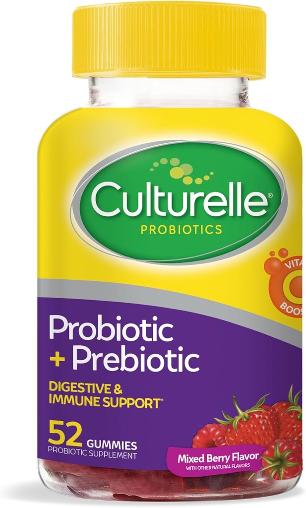 Culturelle Daily Probiotic Gummies for Women ' Men, Berry Flavor, 52 Cuenta, Probiótico diario natural + Prebiótico para la salud digestiva, no GMO & Vegan