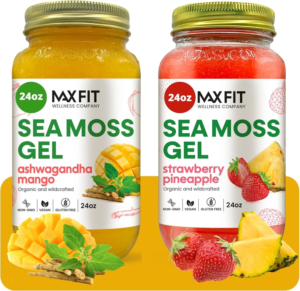 Sea Moss Gel Organic Raw (Bundle of 2 Jars 24oz) Ashwagandha Mango y Strawberry Pineapple Wildсrafted Gold Sea Moss Gel ← 92 Vitaminas y Minerales  Pure Raw+Non-GMO  Vegan Superfood