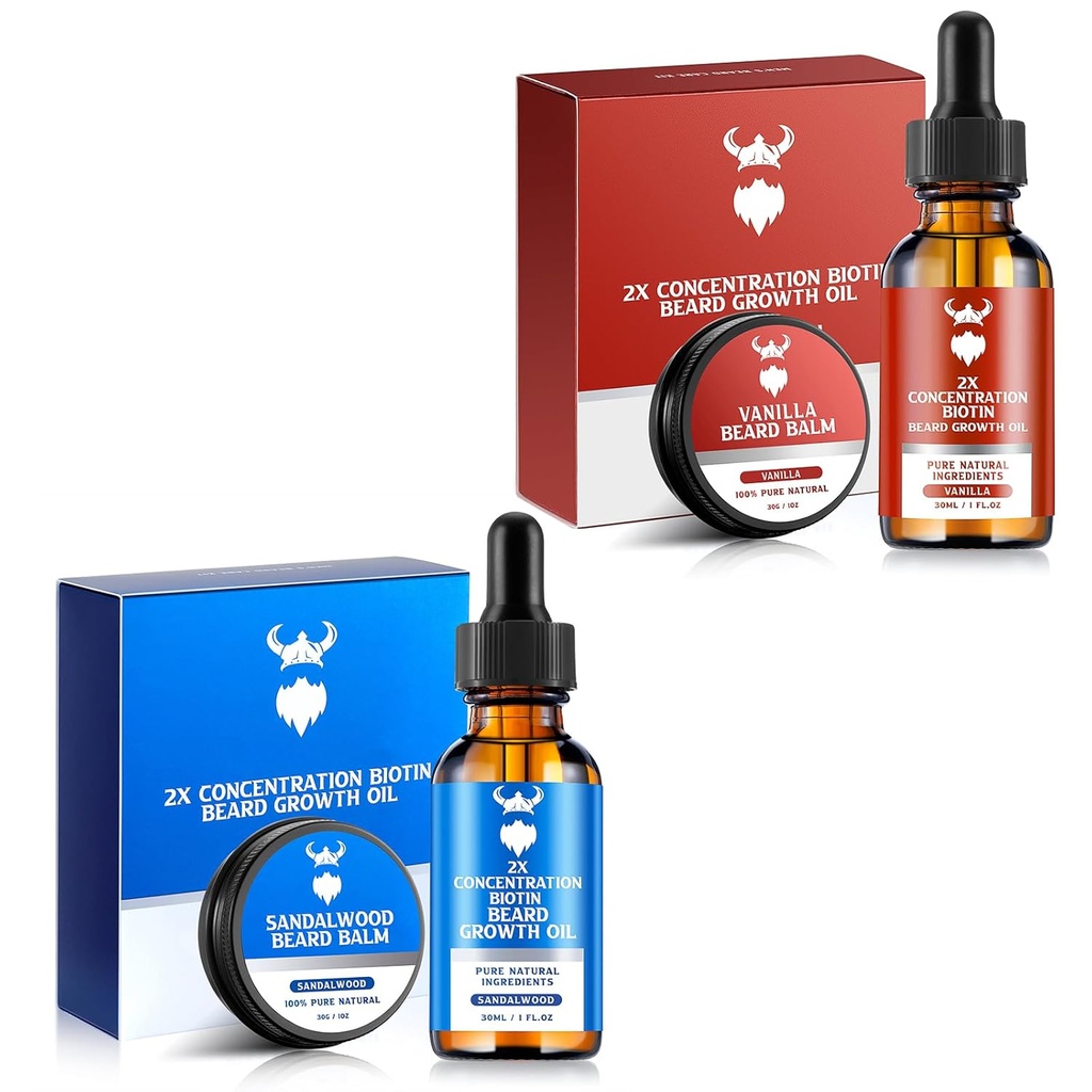 Aceite de crecimiento de la barba de Sandalwood con biotina de concentración 2X para hombres y aceite de crecimiento de la barba de vainilla con biotina de concentración 2X para hombres, ingredientes naturales " Thickens Facial Hair Growth