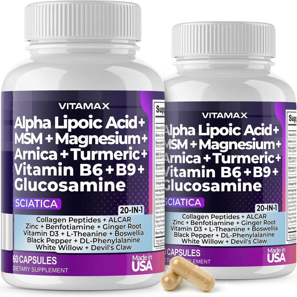 Sciatica Nerve Health Support - Sciatic Nerve Suplemento cápsulas con ácido fólico, Pea, Glucosamina, MSM, Complejo de vitamina B, Ácido alfa Lipoico 300mg - Made in USA (60 Conde (Pack of 2))