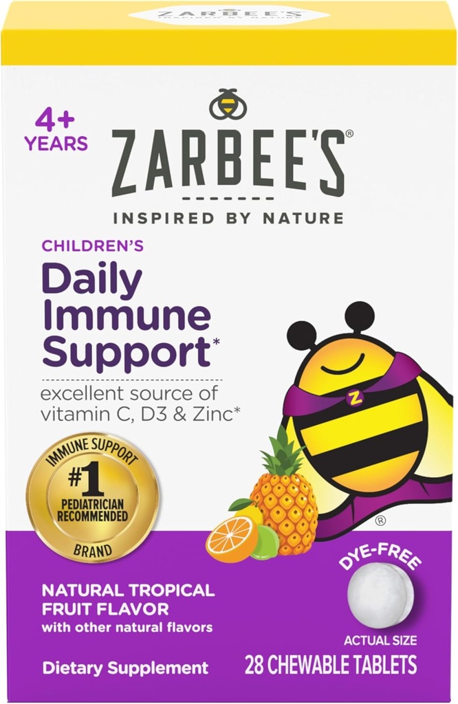 Zarbee's Kids Immune Support, Vitamina C, D & Zinc Daily Immunity Vitamins for Children 4+ Years, Natural Tropical Fruit Flavor, 28 Chewable Tablets