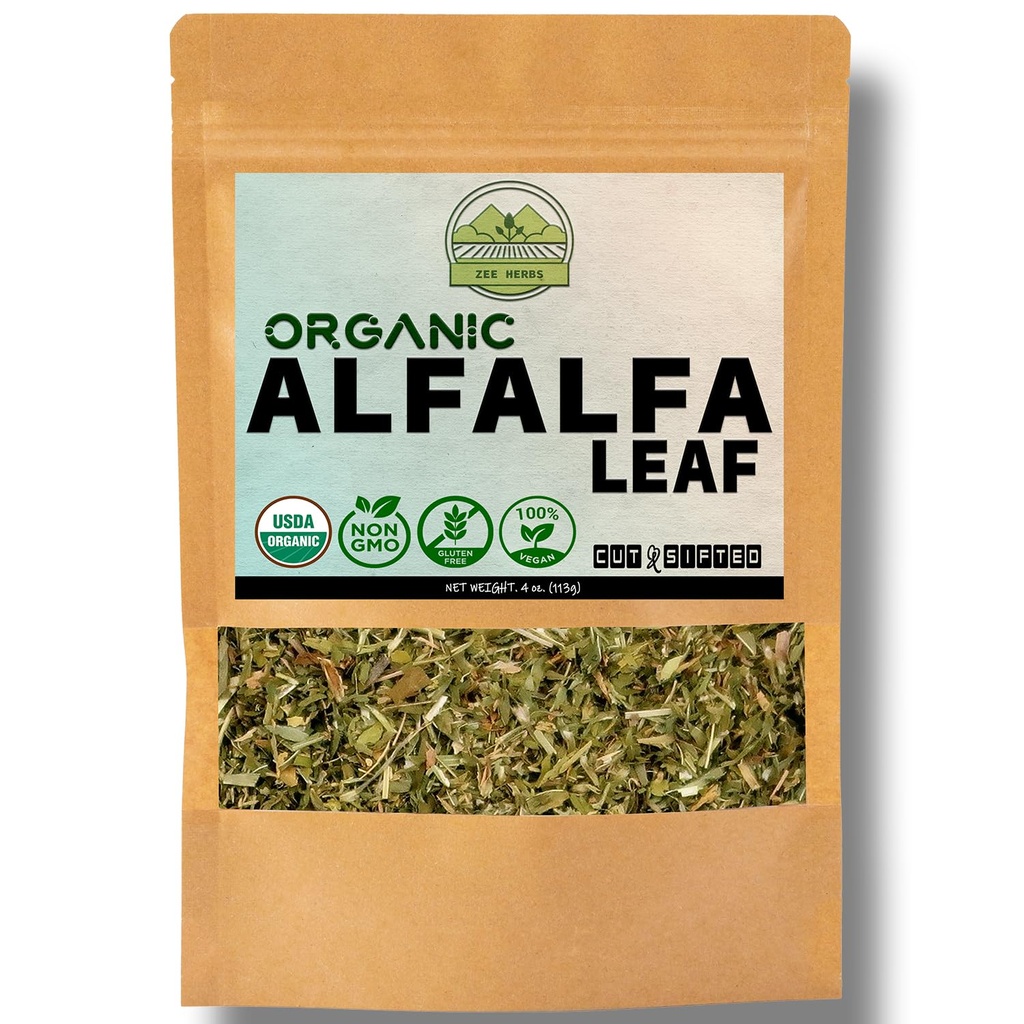 ZeeHERBS Orgánica Alfalfa Leaf 4 oz. (113g) Pack, USDA Certified Organic Alfalfa Leaf Herb Loose Leaf Tea, Premium Quality Medicago Sativa Herb, Cut &amp; Sifted, Alfalfa Tea Leaves