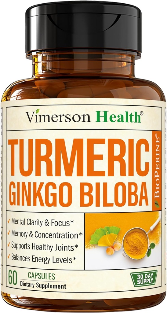 Ginkgo Biloba y Turmeric Curcumin Suplemento con Black Pepper &amp; Organic Tumeric – Natural Turmeric Suplemento para Focus, Memory, Joint & Brain Health – 60 Vegan Ginko Biloba cápsulas con Curcuma
