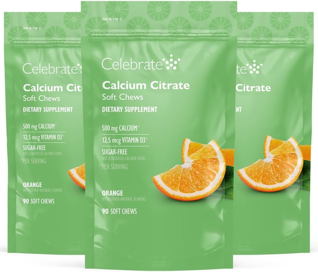 Celebrar vitaminas Bariatric 500mg Calcio Citar cerdas suaves con 500 UI Vitamina D3 – Esencial para el bypass gástrico Pacientes " Bone Health - Sugar " Gluten Free, Orange (270 Chews)