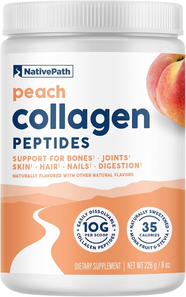 NativePath Collagen Peptides - Hidrolyzed Tipo 1 & 3 Collagen. Keto & Paleo Grass-Fed Protein Powder for Hair, Skin, Nails, Bones, Joints, Digestion and More - No Gluten or Dairy (Peach, 226g)