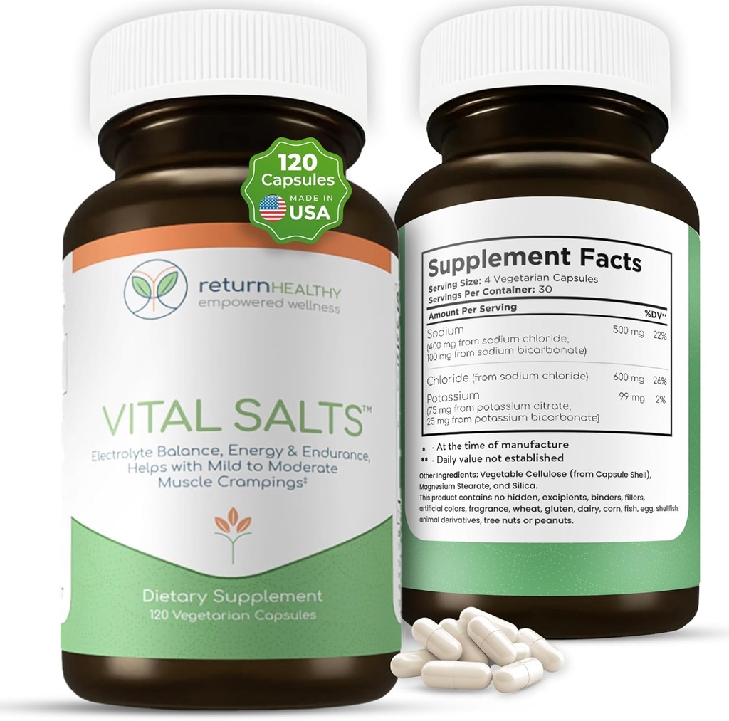 Saltas vitales, Saltas electrolíticas para la energía y la resistencia, cloruro de sodio, suplementos electrolíticos, suplemento de presión sanguínea, alivio de los calambres musculares, 120 cápsulas de sal - retorno saludable